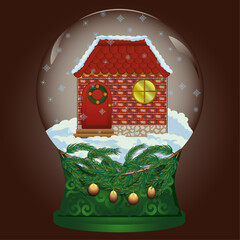 snow globe,deer in the snow, decorated christmas tree in the snow,christmas tree branch,christmas balls, snow falls, the cabin in winter, the star is burning on the tree, christmas glass globe