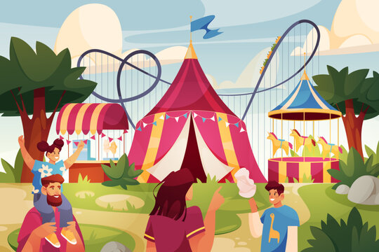 Cartoon vector amusement park with circus tent, horse carousel and rollercoaster. Outdoor view on attraction and marquee entrance, entertainment tent. Family holiday and leisure at carnival.Playground