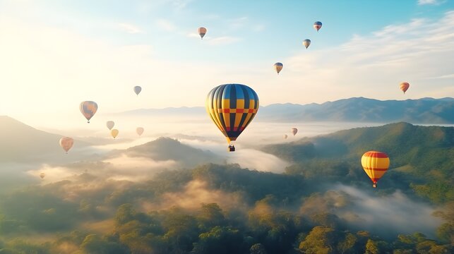 Colorful hot air balloons flying above high mountain at sunrise with beautiful sky background