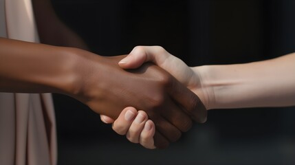 A handshake of a black and white people showing their diversity connection, partnership, cooperation, greeting, deal and agreement.