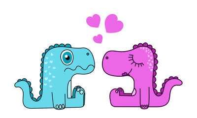 A loving dinosaur and his couple. Flat vector illustration with outline. Two cute lizards.