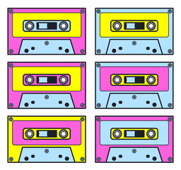 A set of old color audio cassettes. Flat vector illustration in 90s style.