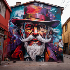 Fotografia de mural de pintura con cara de personaje, colores intensos