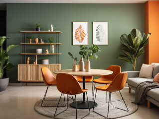 Round Dining Table and Orange Leather Chairs in Mid-Century Living Room