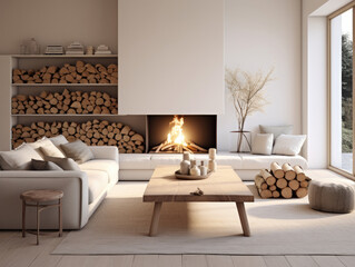 Cozy Living Room with a Crackling Fireplace and Wooden Logs
