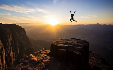 Celebrating success with man jumping high up in the air on mountain top