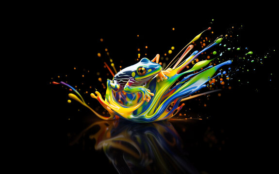 Creativity concept with Abstract colorful frog emerging from paint spalsh