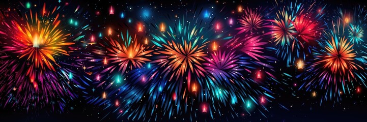 Fototapeta premium A wide-format celebratory background image tailored for creative content featuring a dazzling display of colorful fireworks exploding in a variety of captivating shapes. Photorealistic illustration