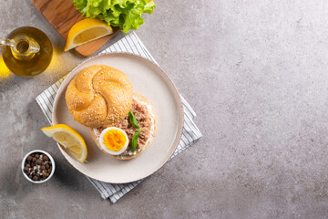 Delicious tuna open sandwiches. Buns with canned tuna, lemon, cream cheese and boiled egg.