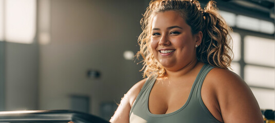 Beautiful overweight girl happy in the gym - obrazy, fototapety, plakaty