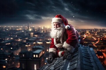 Photo of Santa Clause on top of the roof - obrazy, fototapety, plakaty