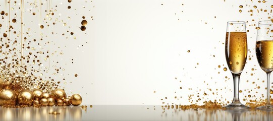 A wide-format festive banner with a central customizable space surrounded by images of glasses of champagne and festive decorations. Photorealistic illustration