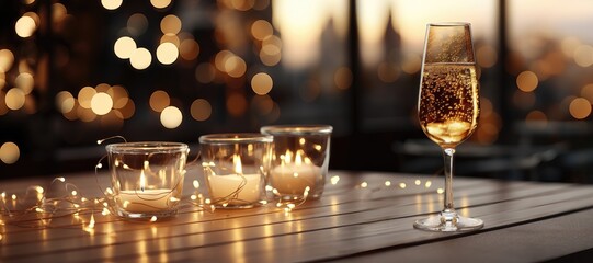 A wide-format festive background image highlighting the elegance of a glass of champagne surrounded by the glow of candlelights, creating a celebratory ambiance. Photorealistic illustration - obrazy, fototapety, plakaty