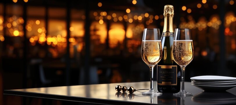 A wide-format festive banner showcasing a champagne bottle and glasses set against blurred holiday lights, creating a celebratory visual theme for various occasions. Photorealistic illustration