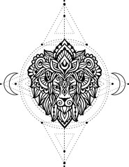 Lion mandala head. Vector illustration sacred geometry. Flower Ethnic drawing. Decorative Lion animal in Zen boho style. Boho, hippie for decoration