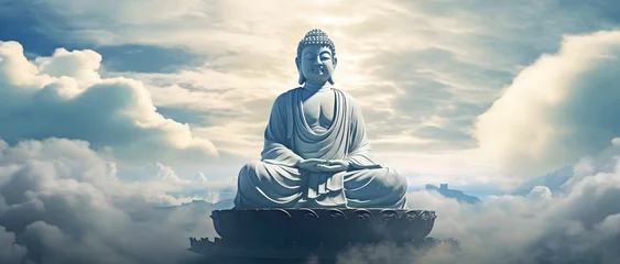 Zelfklevend Fotobehang Panorama Buddha statue in  clouds in the sky. AI generated © RZ