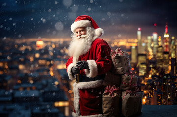 Photo of Santa Clause on top of the roof - obrazy, fototapety, plakaty