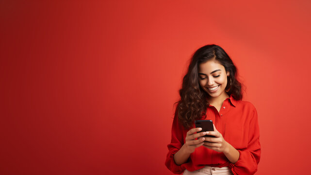 Woman looks at her cell phone with a smile isolated on red background