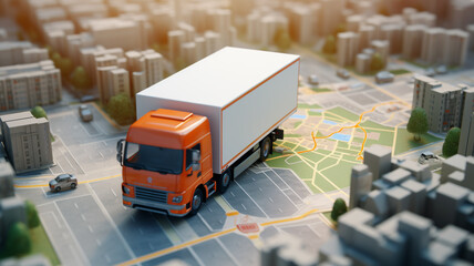 Truck model on city map. - Transportation and business concepts