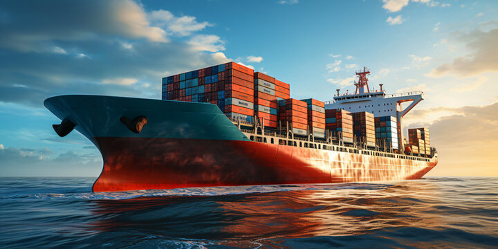 cargo ship on the ocean loaded with many containers, economy, trade across the water
