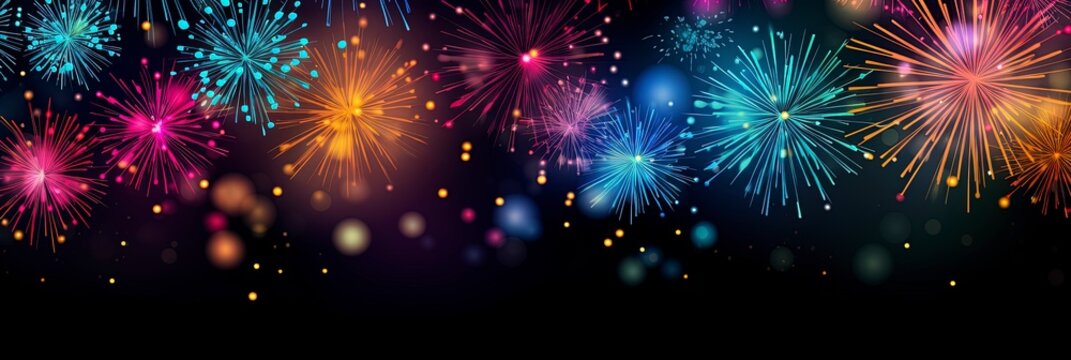 New Years banner with fireworks on a dark background with room for copy text.