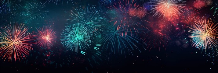 New Years banner with fireworks on a dark background with room for copy text. - obrazy, fototapety, plakaty