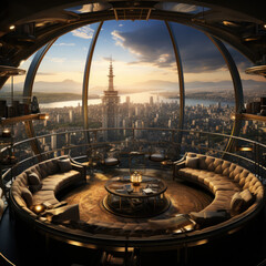 Steampunk-inspired cityscape loft smoggy industrial
