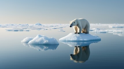 melting polar ice caps, with a polar bear standing on a shrinking ice floe, drawing attention to the plight of wildlife affected by climate change. - obrazy, fototapety, plakaty