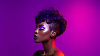 African woman with purple lipstick and eyeshadow isolated on purple background - obrazy, fototapety, plakaty