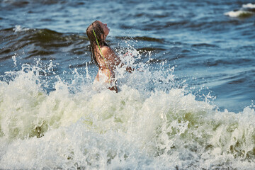 Little girl playing with waves in the sea. Kid playfully splashing with waves. Child jumping in sea waves. Summer vacation on the beach