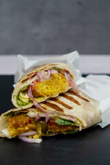 Wrap kebab with. Close up. Top view.