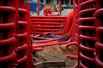 Red pipes concealing buried communication cables at construction site. Generative AI - obrazy, fototapety, plakaty