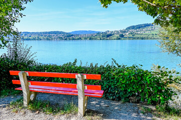 Beinwil, Hallwilersee, See, Seeufer, Seeuferweg, Dorf,  Kirche, Meisterschwanden, Parkbank, Naturschutzgebiet, Seerundfahrt, Wanderweg, Schifffahrt, Aargau, Sommer, Schweiz