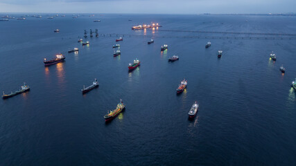 Aerial view oil chemical tanker at sea, Industrial crude oil and fuel tanker ship in deep blue...