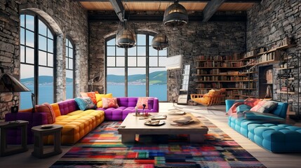 Seaside beach loft interior living room with huge windows to the sea and colofrul furnishing