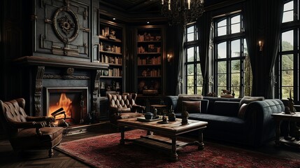 Dark gothic living room interior with huge fireplace cozy living space with rich furnishing