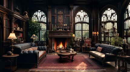 Dark victorian mansion living room with curtain and cozy fireplace with huge windows
