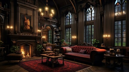 Dark victorian mansion living room with curtain and cozy fireplace with huge windows