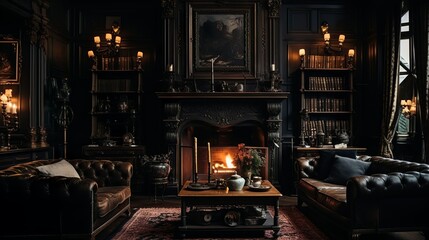 Fototapeta na wymiar Dark victorian mansion living room with curtain and cozy fireplace with huge windows