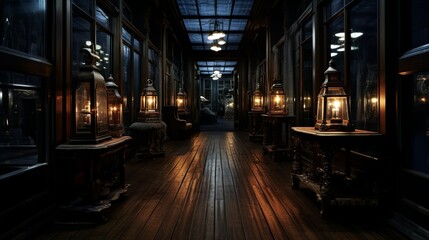 Fototapeta na wymiar Dark victorian mansion hallway with gloomy lights and carpet in steampunk style