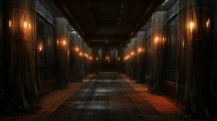Dark victorian mansion hallway with gloomy lights and carpet in steampunk style