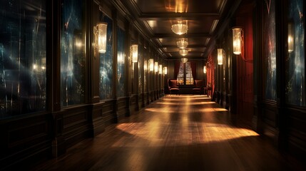 Fototapeta na wymiar Dark victorian mansion hallway with gloomy lights and carpet in steampunk style