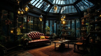 Fototapeta na wymiar Victorian botanical garden style living room interior with glass ceiling and walls and steampunk lights