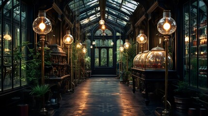 Fototapeta na wymiar Victorian botanical garden style living room interior with glass ceiling and walls and steampunk lights