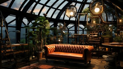 Victorian botanical garden style living room interior with glass ceiling and walls and steampunk lights