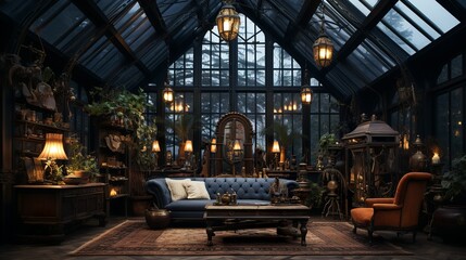 Fototapeta premium Dark victorian greenhouse mansion with industrial frames in steampunk style