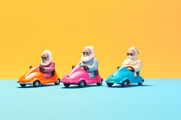Three funny Santa Claus driving funny colorful little cars. Abstract minimal art