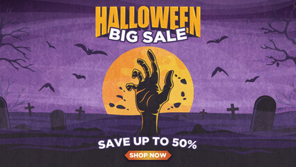 Halloween banner big sale, save up to 50%, shop now. The zombie's hand sticks out of the ground in the cemetery against the background of the moon.
