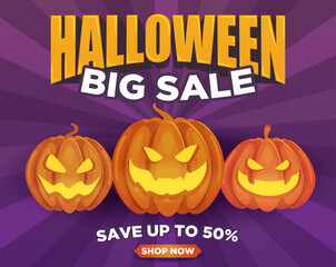 Halloween banner, big sale, save up to 50%. Cartoon banner with pumpkins in the cemetery.