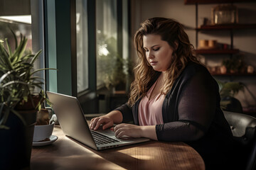 Fototapeta premium Plus size managers woman working with a laptop computer at desk in office, CEO Businesswoman, Big boss, Fat female employee officer, Generative AI